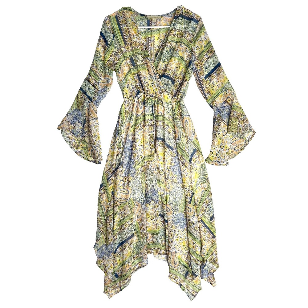 Maria Gabrielle Paisley Handkerchief Hem Bell Sleeve Dress Yellow Blue Medium